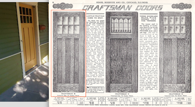 Sears Craftsman door styles for front entry, in 1915 Sears Building materials catalog comparison of front door against catalog images of Sears craftsman entry doors