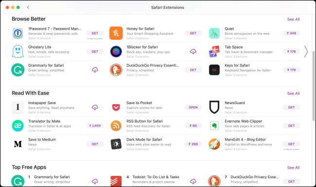 ملحقات Safari في أقسام متجر التطبيقات