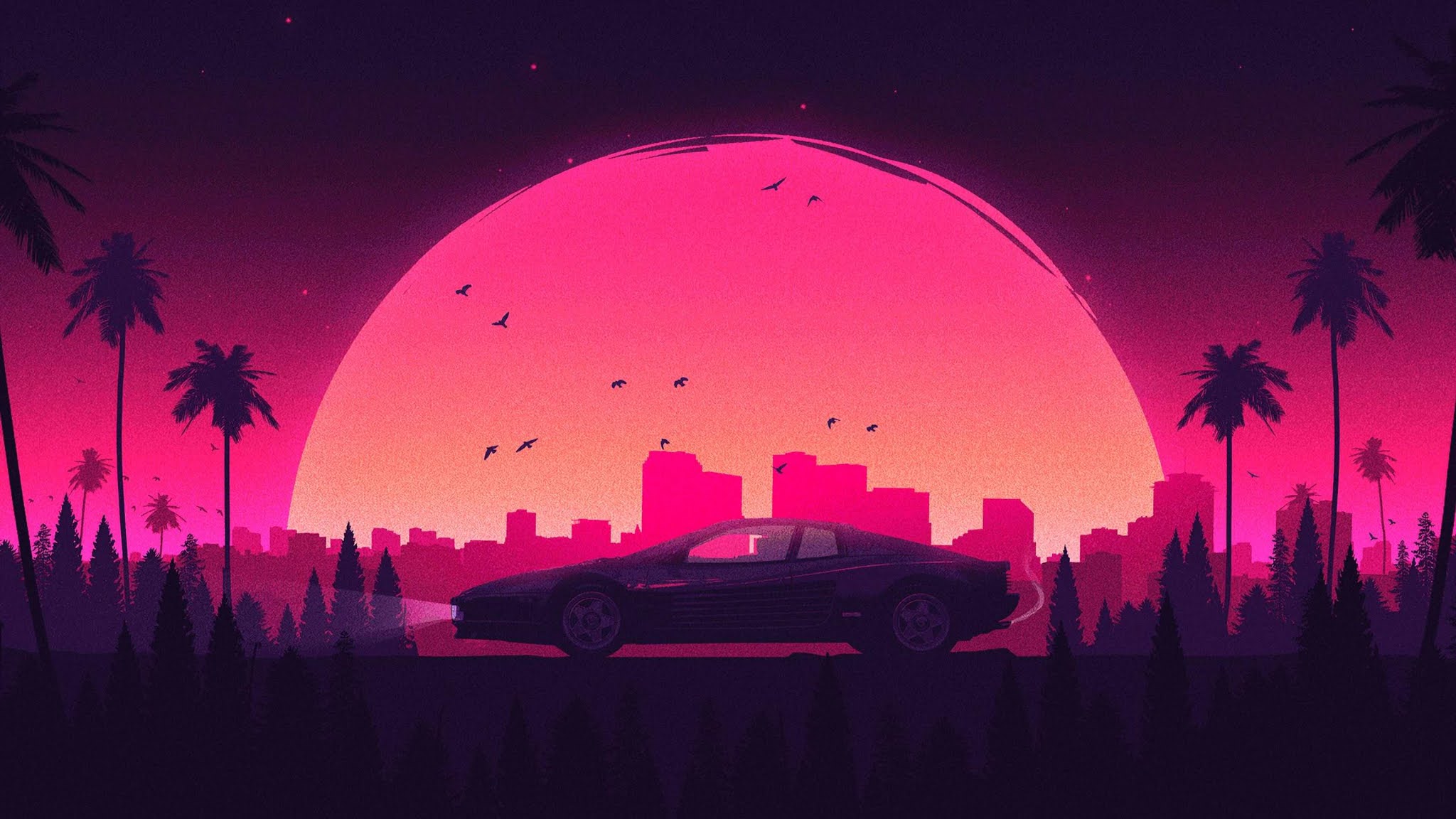 Pink Sunset Retro City Lamborghini Wallpaper