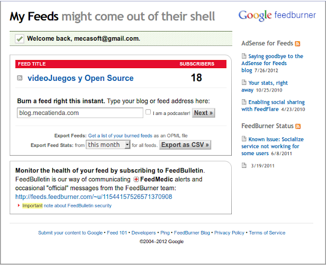 Creamos un nuevo feed con el URL de nuestro blog Creamos un nuevo feed con el URL de nuestro blog