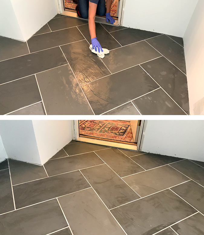 Blue Mountauk Slate Tile Install Remodelando la Casa
