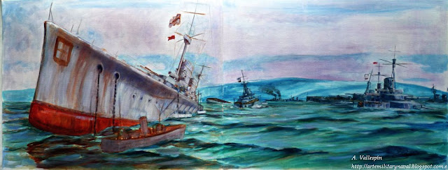 Pintura al óleo de cruceros de batalla hundiendose en Scapa Flow