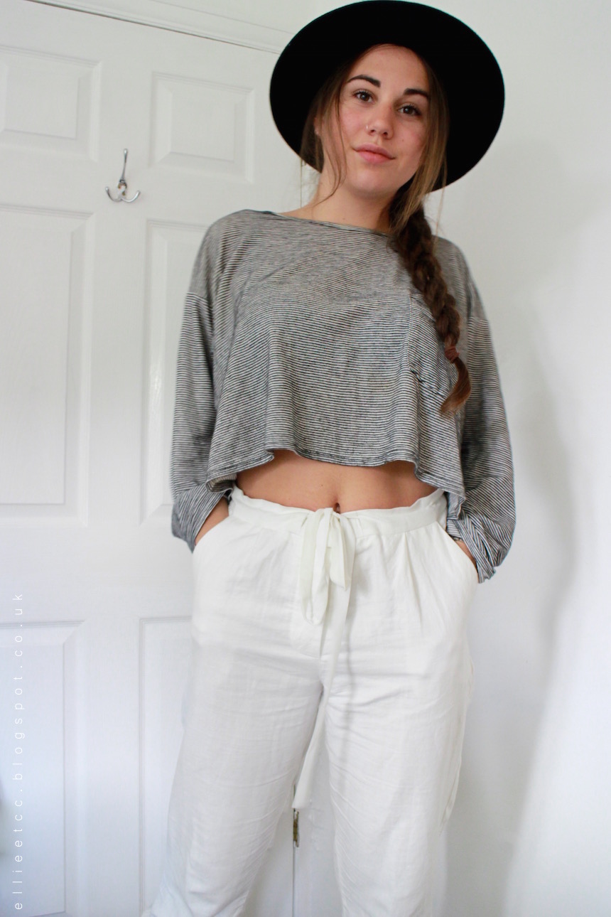 outfit, OOTD, white linen trousers, striped, crop top, stripes, forever 21, topshop, Primark, American Apparel, fashion, style, fedora hat, 