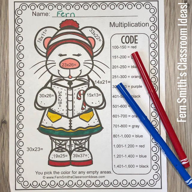 Five Christmas Critters Color By Number Advance Two-Digit by Two-Digit Multiplication Worksheet Printables, with Answer Keys Included. Your students will adore these Christmas Color  By Number resources while learning and reviewing important multiplication skills at the same time! You will love the no prep, print and pass out ease of these printables. Fern Smith's Classroom Ideas