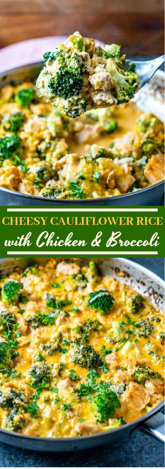 One Pan Cheesy Cauliflower Rice with Broccoli and Chicken #healthy #lowcarb #dinner #keto #glutenfree