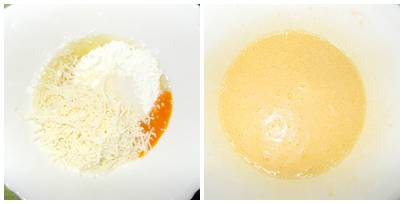 massa do falso pão de queijo de frigideira recheado com queijo Falso pão de queijo de frigideira recheado com queijo