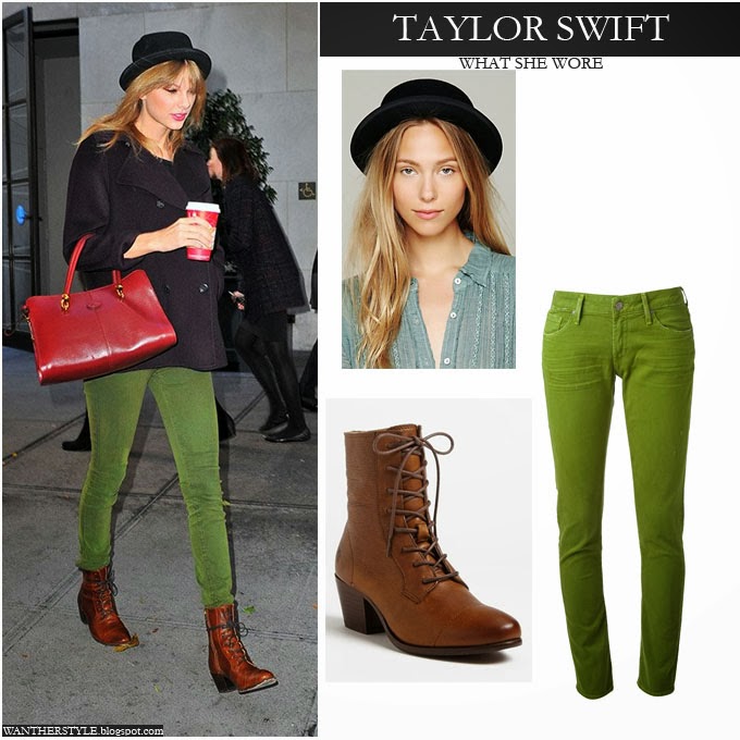 WHAT SHE WORE: Taylor Swift in green jeans, black coat, black hat and ...