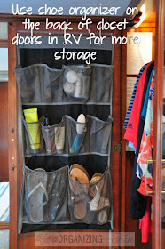 Use a shoe organizer on the back of closet doors in a small space or RV to maximize space :: OrganizingMadeFun.com