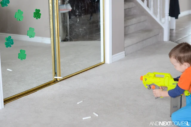 St. Patrick's Day activity for kids using Nerf guns from And Next Comes L