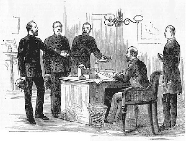 Провинившийся констебль перед начальством "The Illustrated London News", 1883