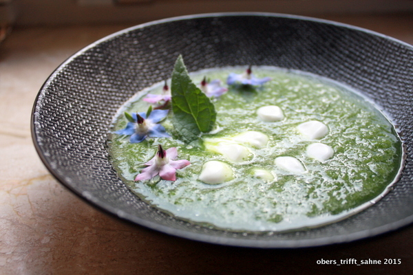 kalte Gurkensuppe mit Borretsch, Pimpinelle und Joghurt