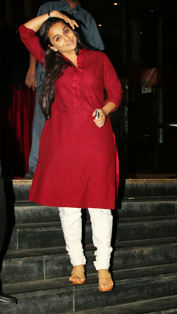 Bollywood Celebrity Vidya Balan Latest Photos Red Shirt and White Churidar 7