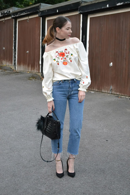 Affordable women's fashion blog, featuring vintage embroidery gypsy style off the shoulder top, Levi denim mom jeans. Black ASOS heels. Leather crocodile skin handbag from Zara