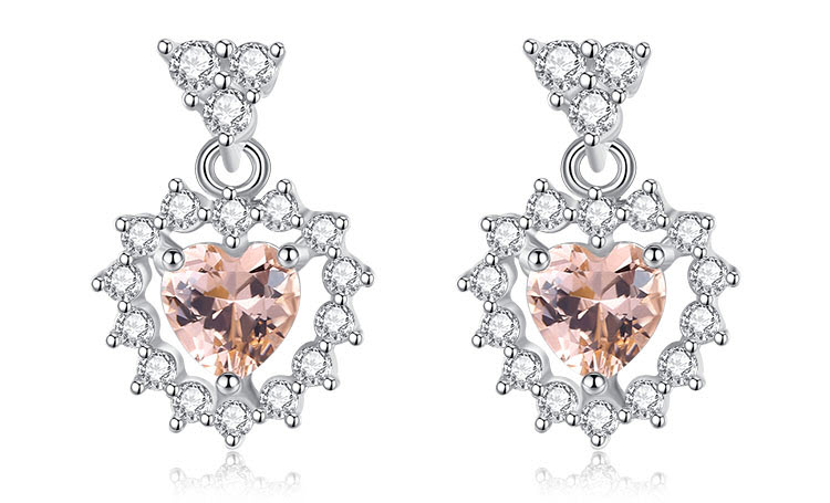 珊瑚橘愛心人造寶石 925純銀鋯石耳環