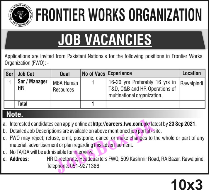 https://careers.fwo.com.pk - FWO Frontier Works Organization Jobs 2021 in Pakistan