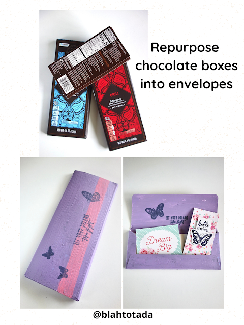 Lidl chocolate, chocolate bar, chocolate packaging, recycle, upcycle, crafts, paper crafts, handmade, paint, rubber stamps and ink pad, handmade postcards, snail mail, penpal ideas, blah to TADA