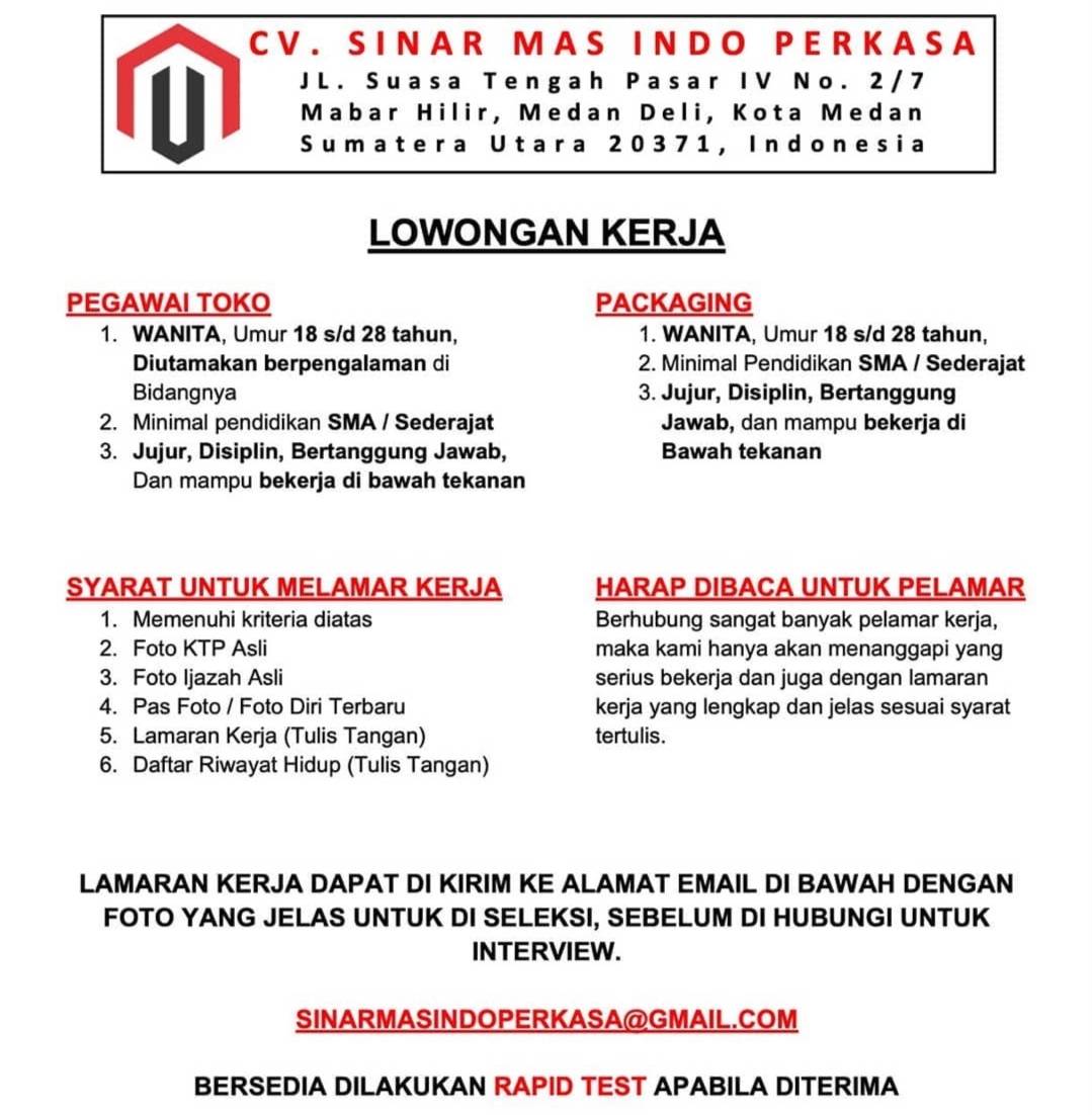 Lowongan Kerja Medan Maret 2021 di CV Sinar Mas Indo Perkasa Tingkat