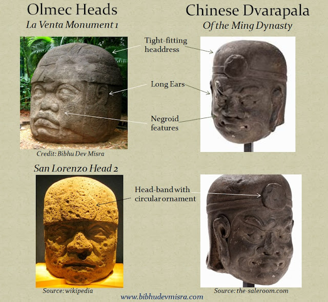 A Chinese Dvarapala (door-guardian) with a tight-fitting headdress, ear ornaments, and negroid features closely resembling the Olmec Stone Heads