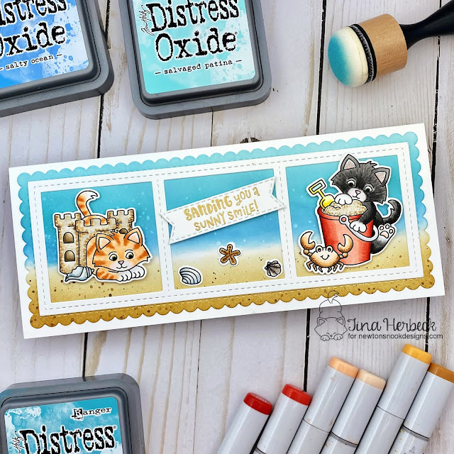 Cats on Beach Card by Tina Herbeck | Kitten Beach Stamp Set, and Slimline Die Sets by Newton's Nook Designs #newtonsnook