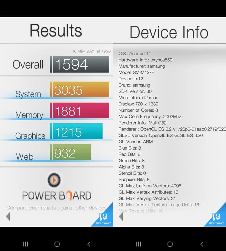 Benchmark Basemark OS II Samsung Galaxy M12