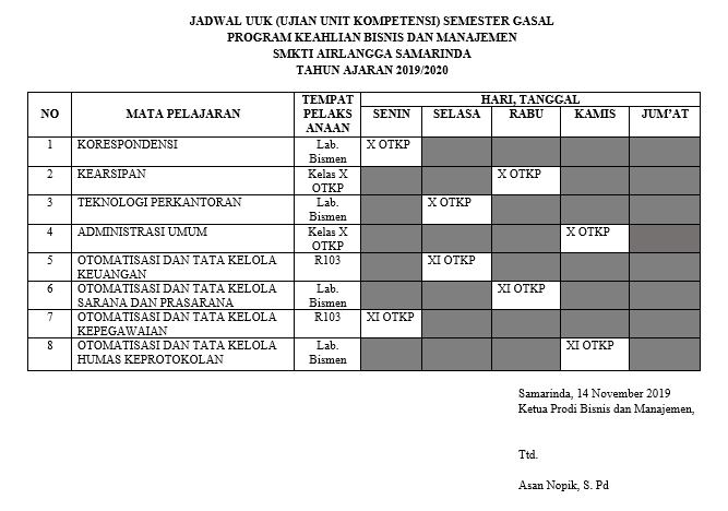 SMK TI Airlangga Samarinda: Jadwal UUK (Uji Unit Kompetensi) Program
