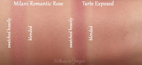 Milani Romantic Rose Powder Blush vs Tarte Exposed Swatches