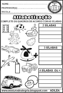 Atividades de alfabetização,separação silábica