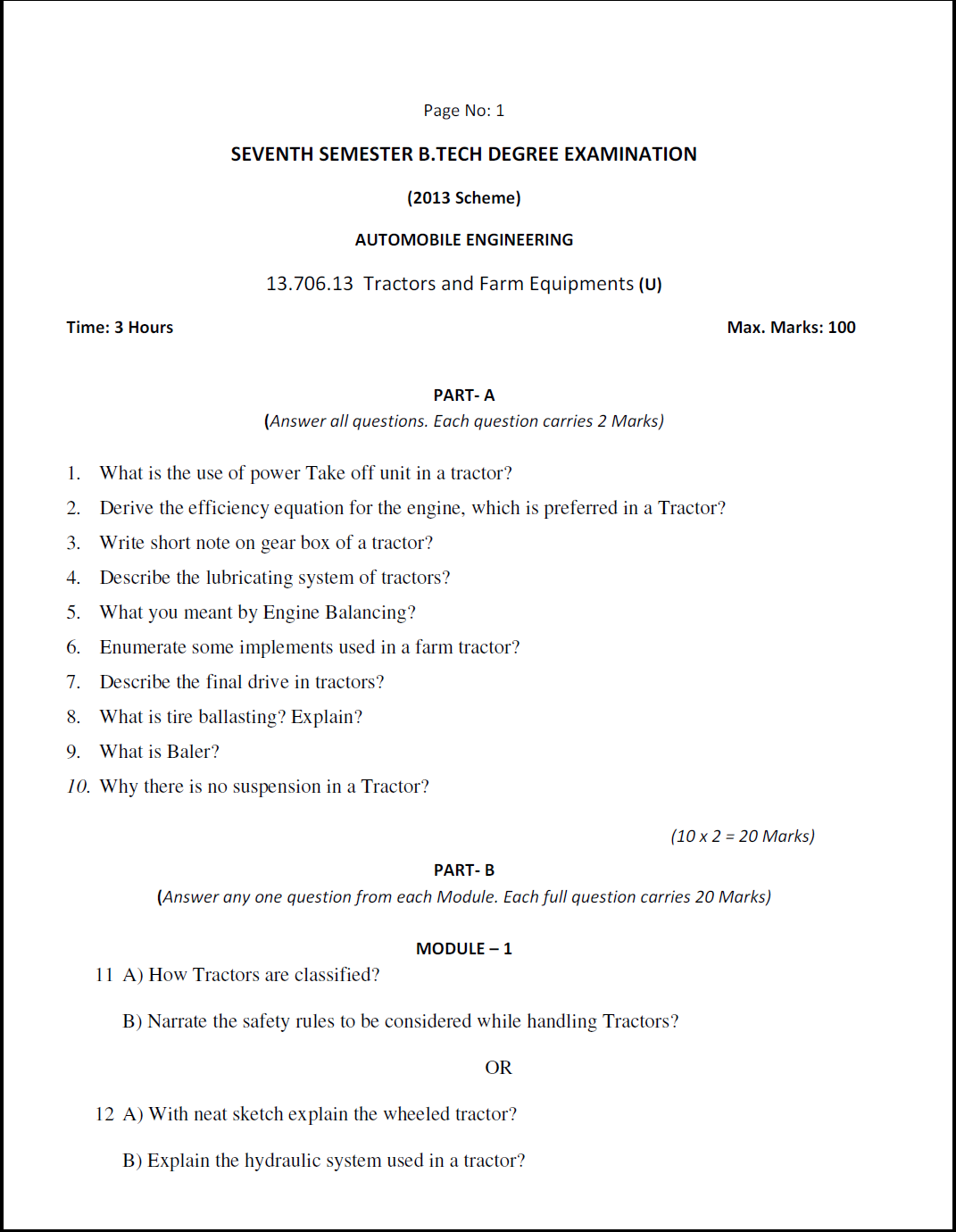 Kerala University B tech Tractors And Farm Equipments ( U ) 2016