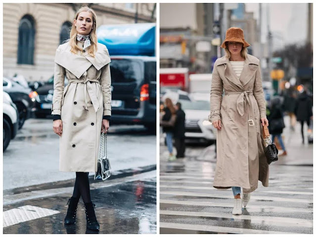 Two women wear a trench coat with unilateral knot.
