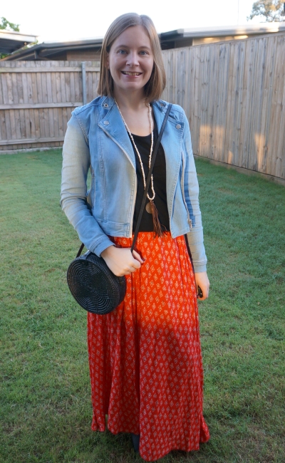 red jean jacket and skirt