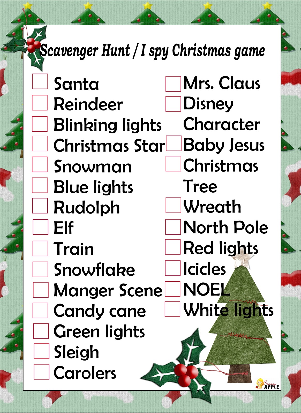 Free printable Holiday Scavenger List