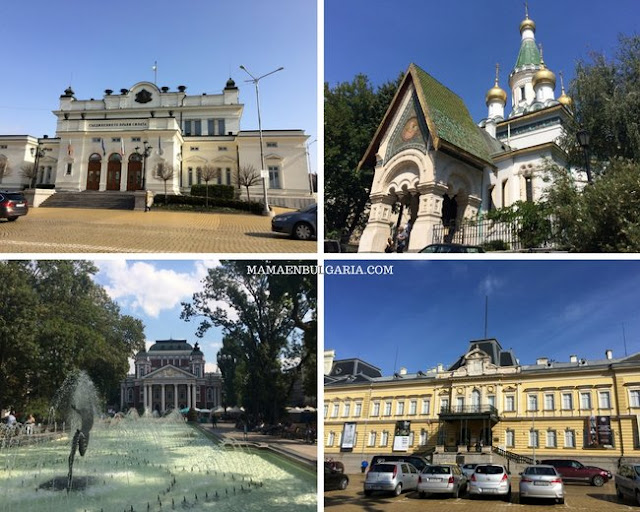 Parlamento, iglesia rusa, teatro Iván Vazov y palacio real, Sofía, Bulgaria