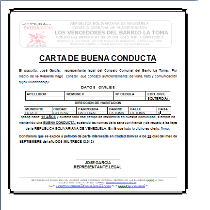 Consejo Comunal: Formato de Carta de Buena Conducta