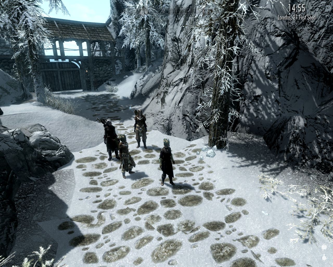 view from above to Laura and her followers standing on a snowy road that leads to a large closed gate