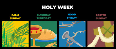 Holy Week banner graphic showing Palm Sunday, Maundy Thursday, Good Friday, and Easter Sunday.