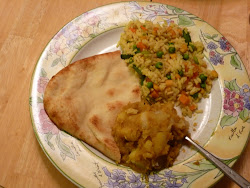 Vegetable Rice, Potato Curry, and Naan