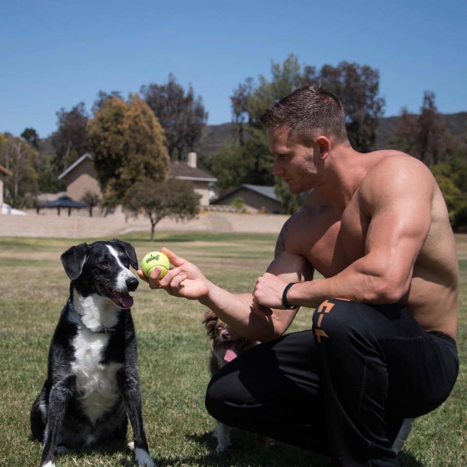 handsome-shirtless-man-playing-fetch-dogs-field