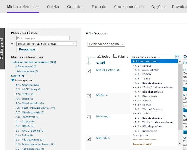 Abrindo e selecionando as referências de um grupo