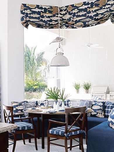 blue and white coastal dining room