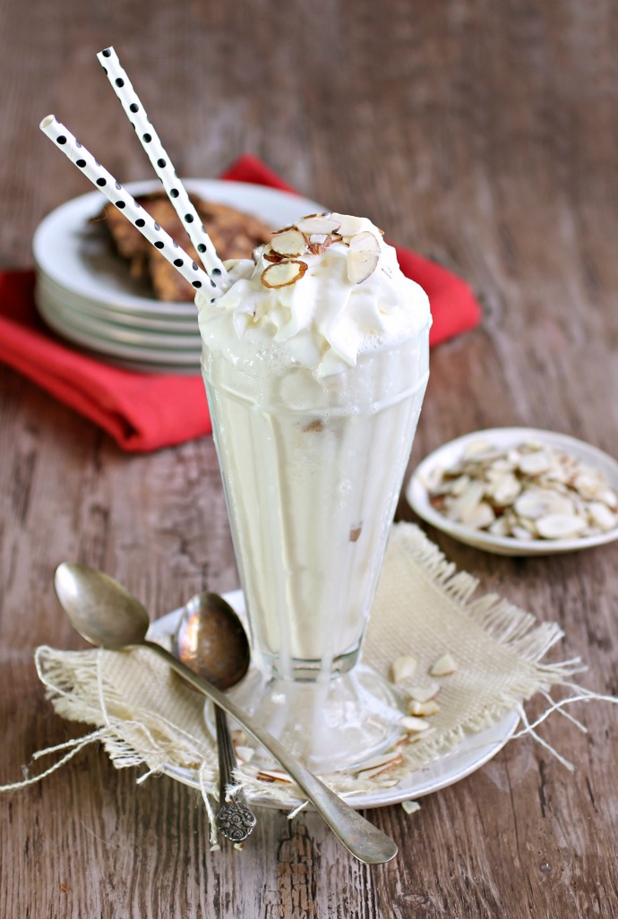Recipe for a vanilla ice cream milkshake flavored with bourbon and marzipan syrup.