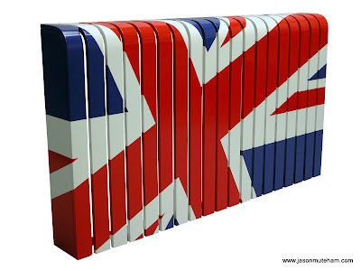 A radiator cover with a painted Union Jack Flag.