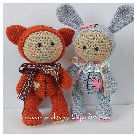 Куклы лисенок и зайчик амигуруми Куклы лисенок и зайчик амигуруми