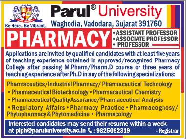 Parul University, Vadodara, Gujarat Wanted Professors / Assistant