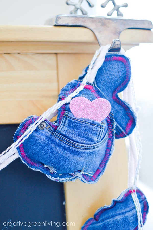 cool craft to make from old jeans - a heart garland with pockets for love notes