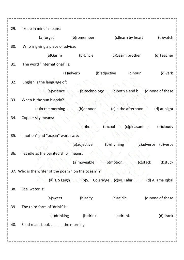 Parts Of Speech, Comprehension And Vocabulary Test MCQs English ,Class 8 PEDAGOGY TV