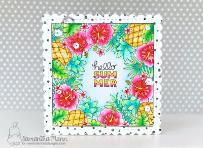 Hello Summer Card by Samantha Mann for Newton's Nook Designs, Tropical Card, Sequins, Zig Clean Color Real Brush Markers, Watercolor, summer #newtonsnook #watercolor #tropical #cards #handmadecards