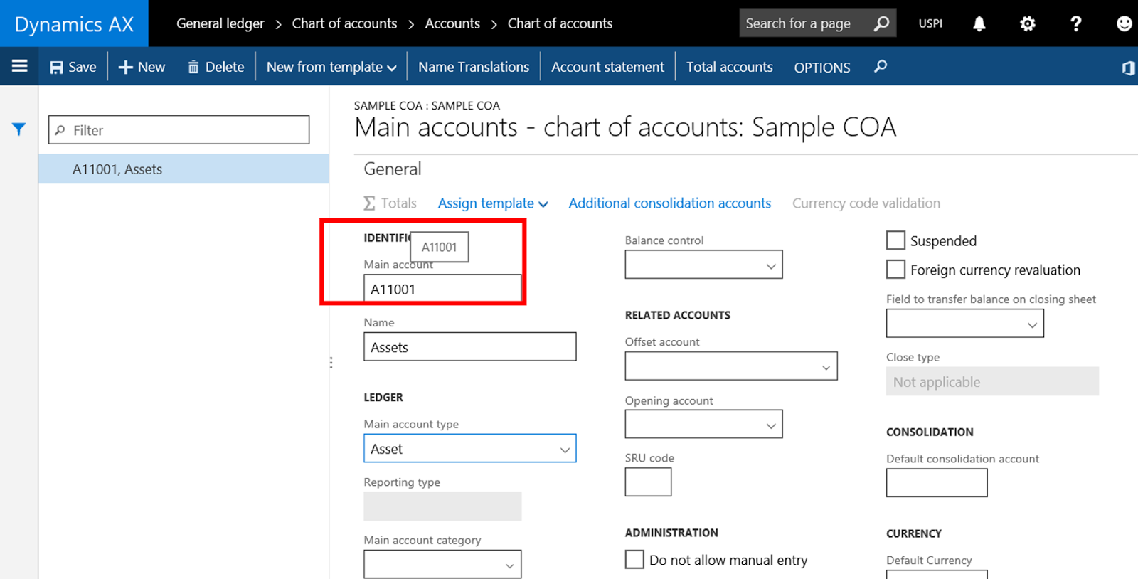 AX for ERP Main account mask in Chart of Accounts Microsoft Dynamics AX