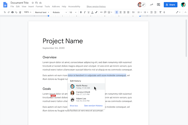 Screenshot showing a segment of text selected in a Google Doc and a list of previous editors of that segment.