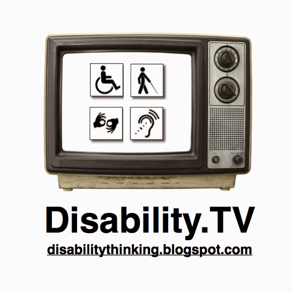 Logo of the podcast, photo of an old style tv set with disability symbols on the screen