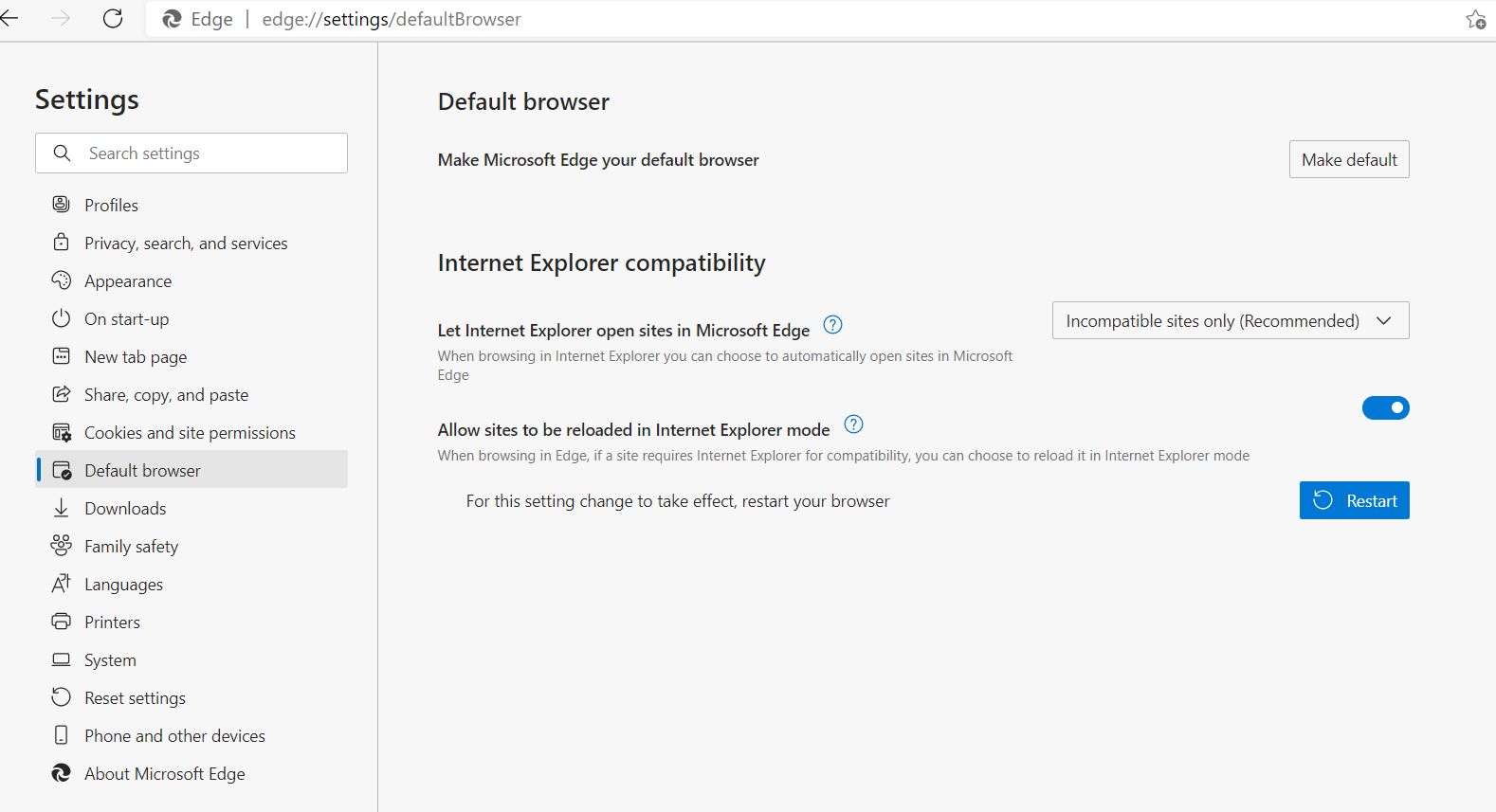 How to change default settings from Microsoft Edge to Internet Explorer?